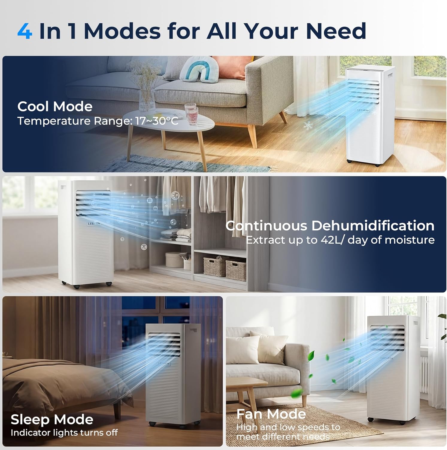 Climatiseur mobile 9000 BTU 4 en 1 déshumidificateur mode sommeil silencieux kit fenêtre télécommande 35 m²