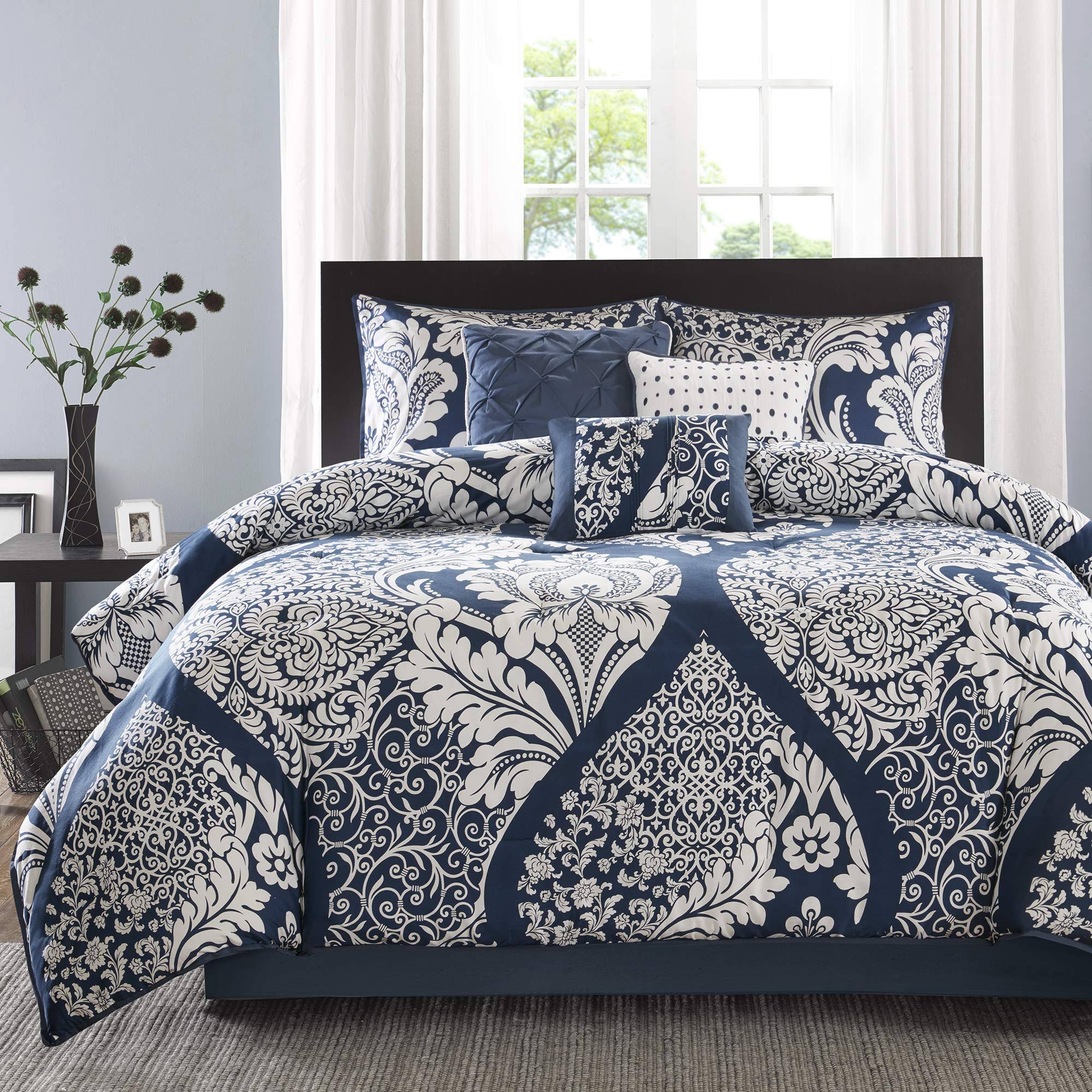 Madison Park - Vienna 7 Piece Cotton Printed Comforter Set - Cal King - Indigo