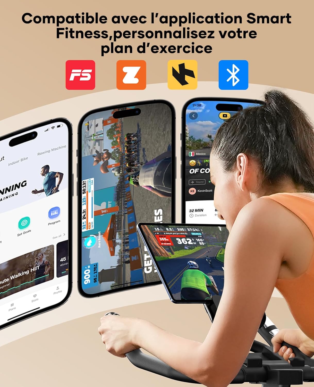 Vélo appartement magnétique connecté app résistance réglable silencieux capacité 160kg
