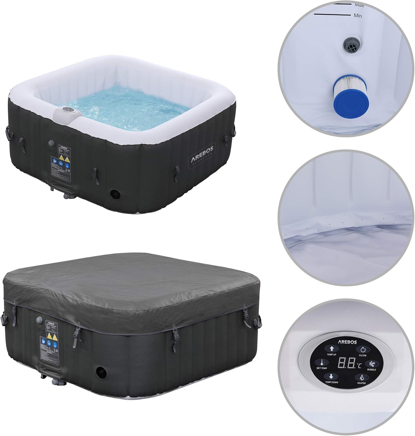 Spa gonflable carré 4 personnes 154 x 154 cm 100 jets chauffage massage 600L intérieur extérieur