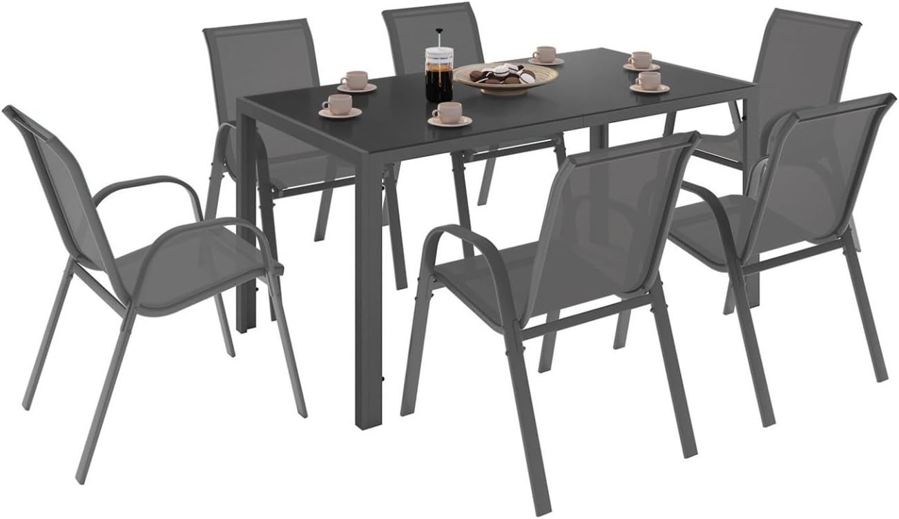Salon jardin Madrid table 150 cm 6 chaises empilables gris anthracite
