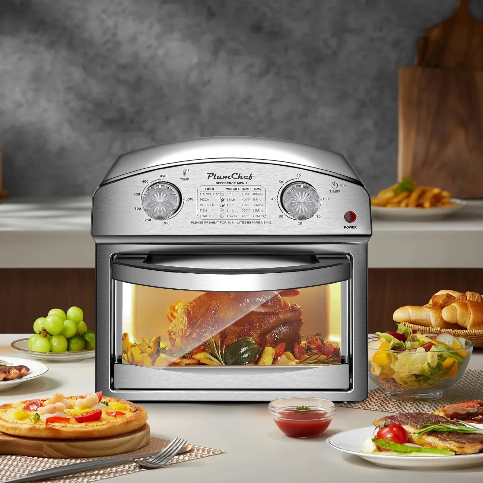 Plumchef 12 Quart 4 Slices Air Fryer Convection Toaster Oven, 1500W, 4 Cooking Modes, 7 in 1 Multifunction with Roast, Bake, Grill, Broil, Toast, Dehydrate, Defrost, Stainless Stee