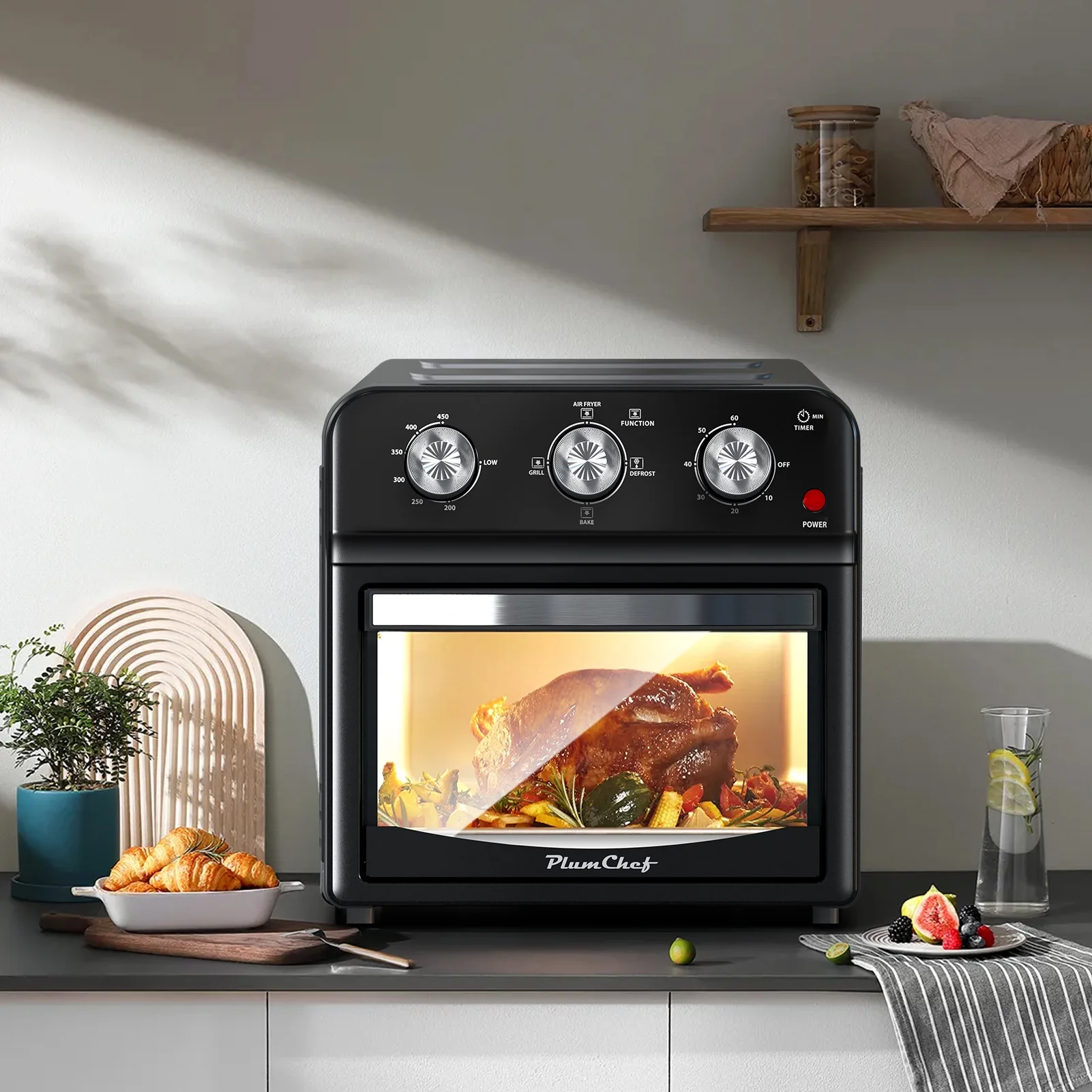 Plumchef 12 Quart 4 Slices Air Fryer Convection Toaster Oven, 1500W, 4 Cooking Modes, 7 in 1 Multifunction with Roast, Bake, Grill, Broil, Toast, Dehydrate, Defrost, Stainless Stee