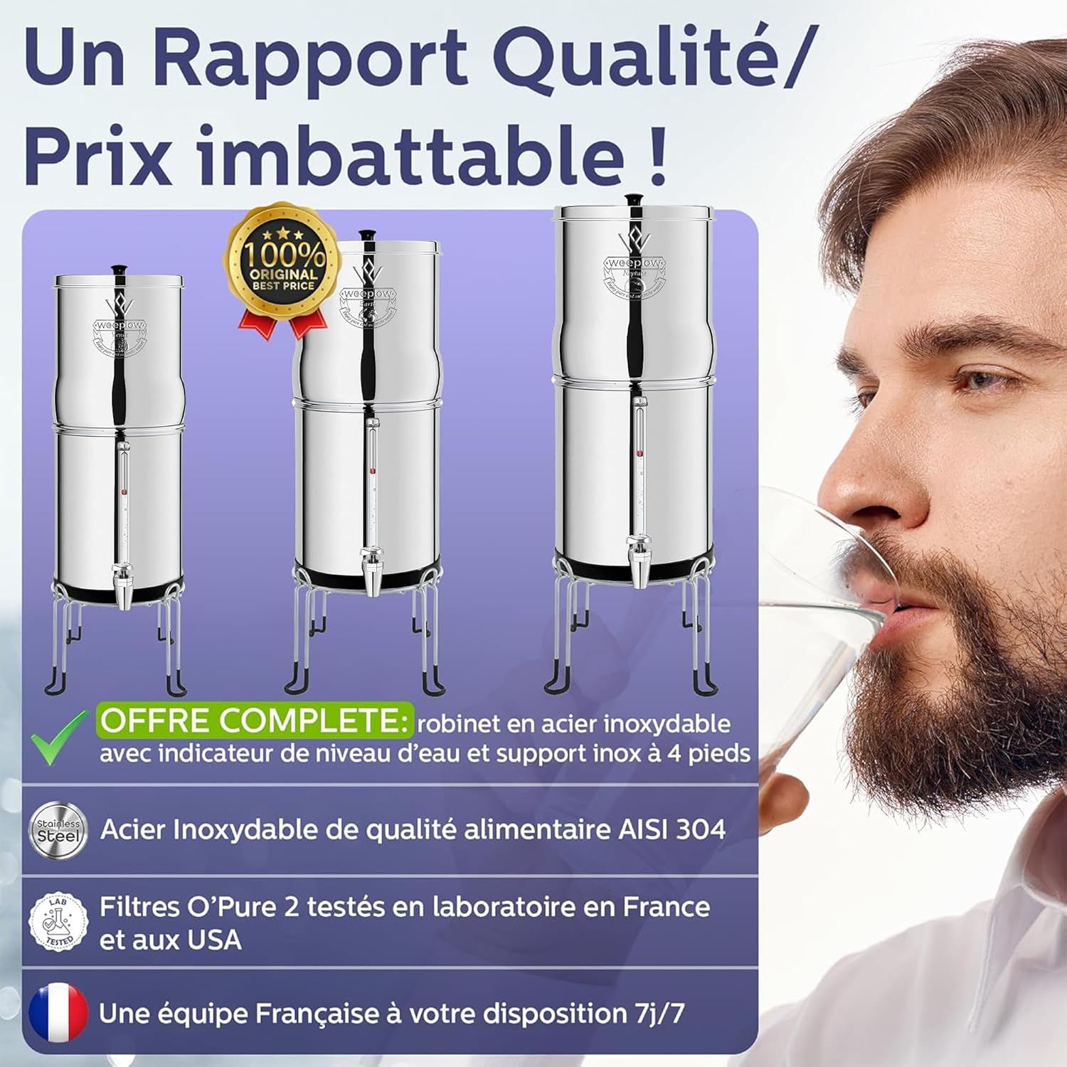 Système filtration eau gravité 85L AISI304 éléments purification O’Pure 2 robinet niveau eau support inox