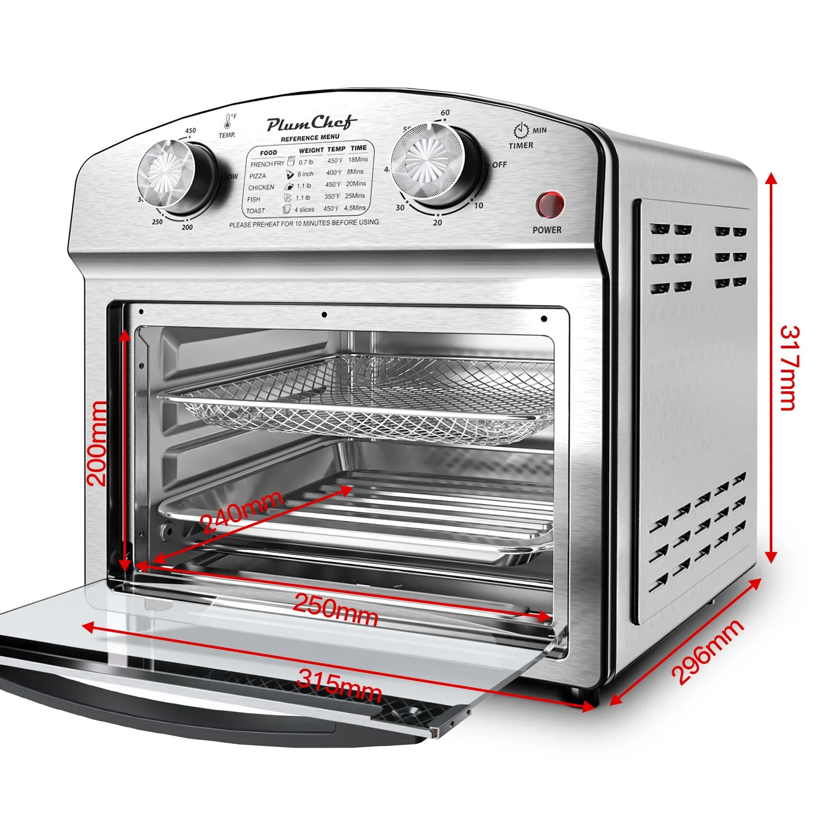 Plumchef 12 Quart 4 Slices Air Fryer Convection Toaster Oven, 1500W, 4 Cooking Modes, 7 in 1 Multifunction with Roast, Bake, Grill, Broil, Toast, Dehydrate, Defrost, Stainless Stee