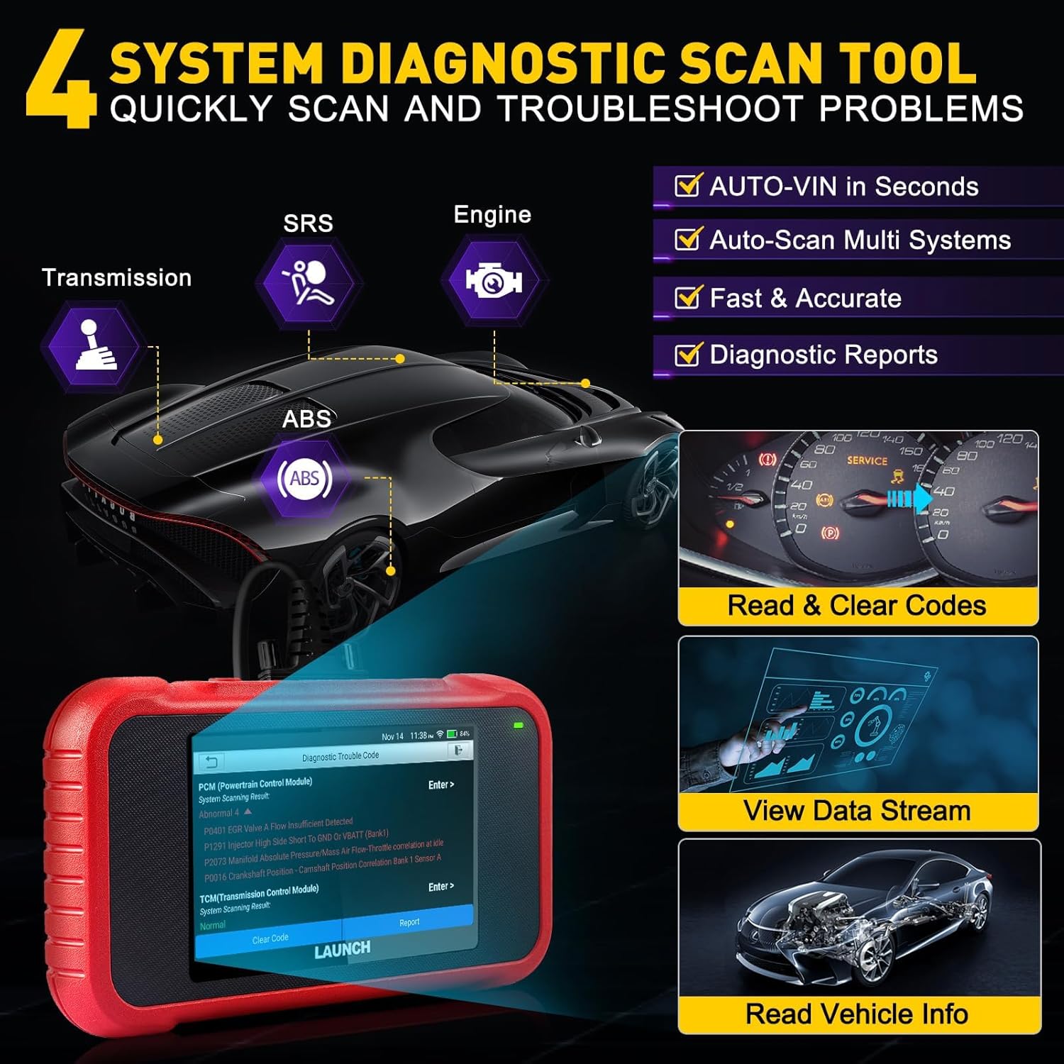 Valise diagnostic auto OBD2 4 systèmes avec réinitialisations multiples