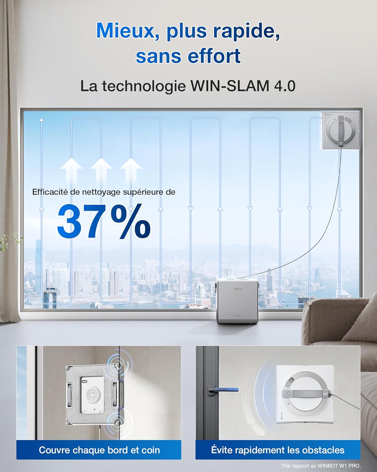 Robot nettoyeur vitres WINBOT W2 Pro Omni station multifonction recharge fonctionnement buse triple protection 12 niveaux
