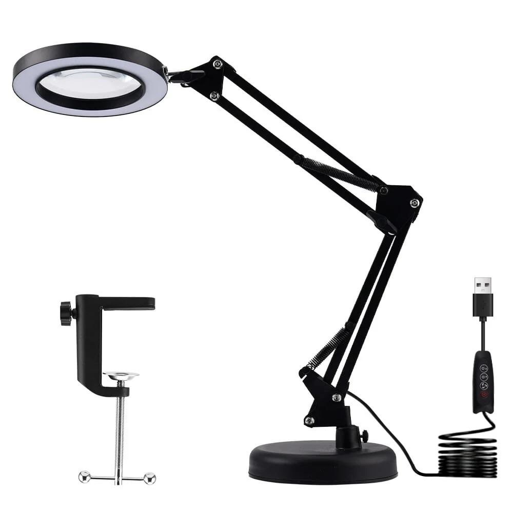 10X LED Magnifying Glass with Light, Stepless Dimmable, 3 Color Modes, Real Glass Lens Magnifying Lamp with Light Desk Lamp Clamp for Crafts, Reading, Close Work - Black
