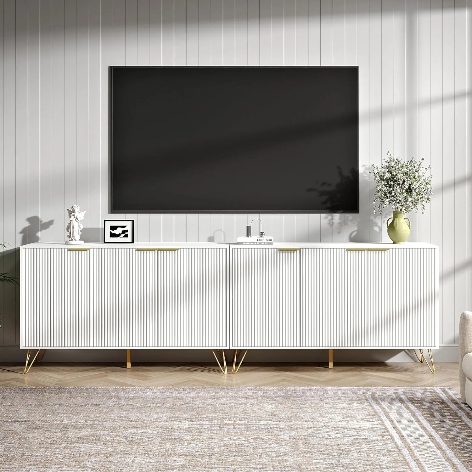 Fluted TV Stand for 100 in TV, Modern TV Stand Console, White Entertainment Center with Storage Cabinets, Adjustable Shelves & Gold Handles, Wood Media Cabinet for Living Room