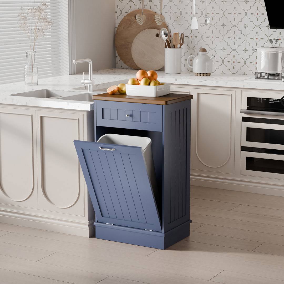 Tolead Kitchen Single Trash Cabinet Tilt Out Free Standing Storage Can with Hideaway Drawer and Countertop, Wood, Blue