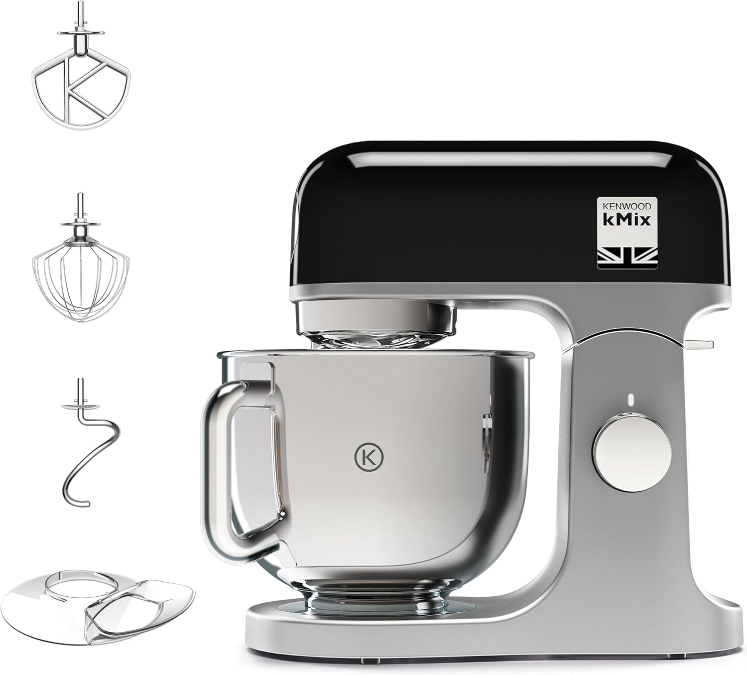 Robot pâtissier KMX750BK bol inox 5 L sécurité boîtier métal kit pâtisserie 3 pièces protection anti éclaboussures 1000W noir