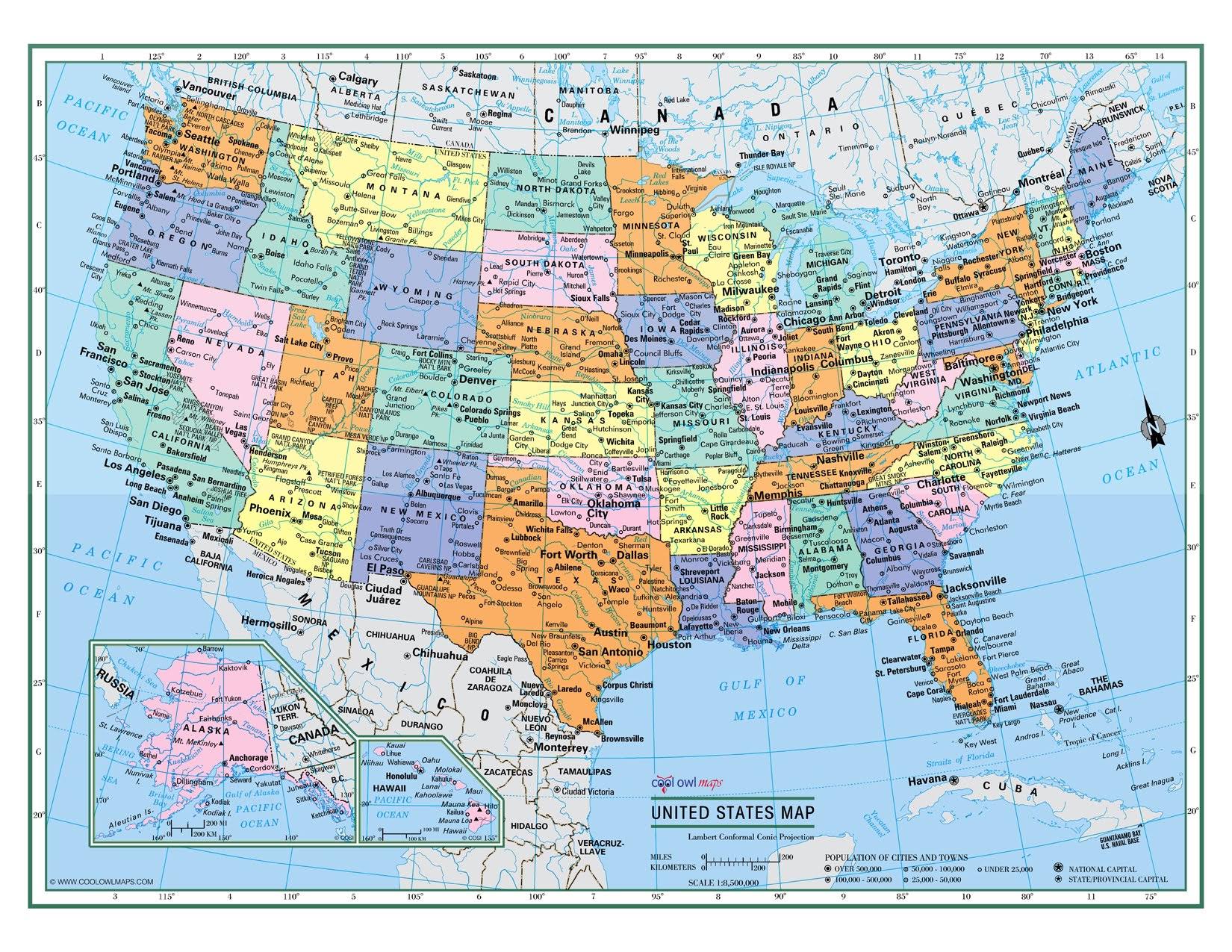 CoolOwlMaps Untited States Wall Map Political USA Color Poster 32