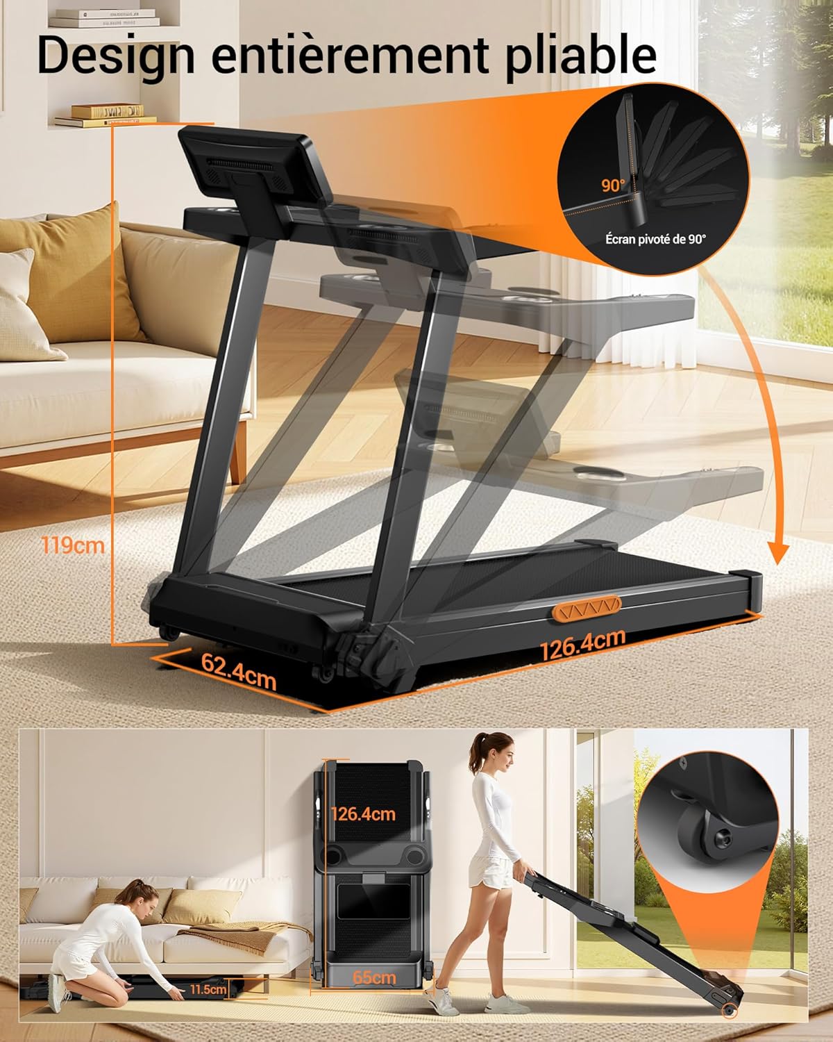 Tapis de course pliable inclinable 16% 14 km/h surveillance fréquence cardiaque moteur 35 CV LED charge 180 kg