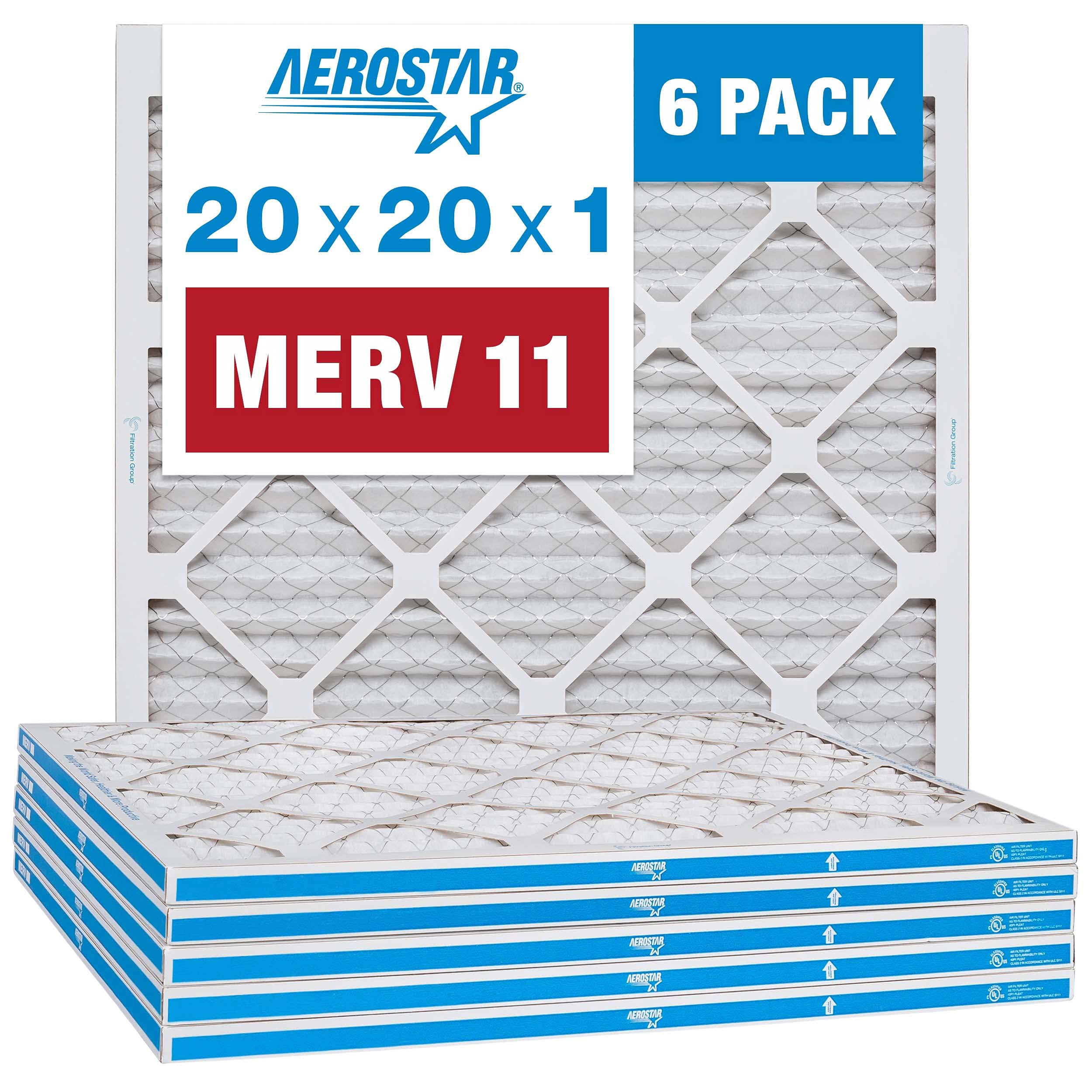 Aerostar 20x20x1 MERV 11 Pleated Air Filter Made in The USA 6-Pack