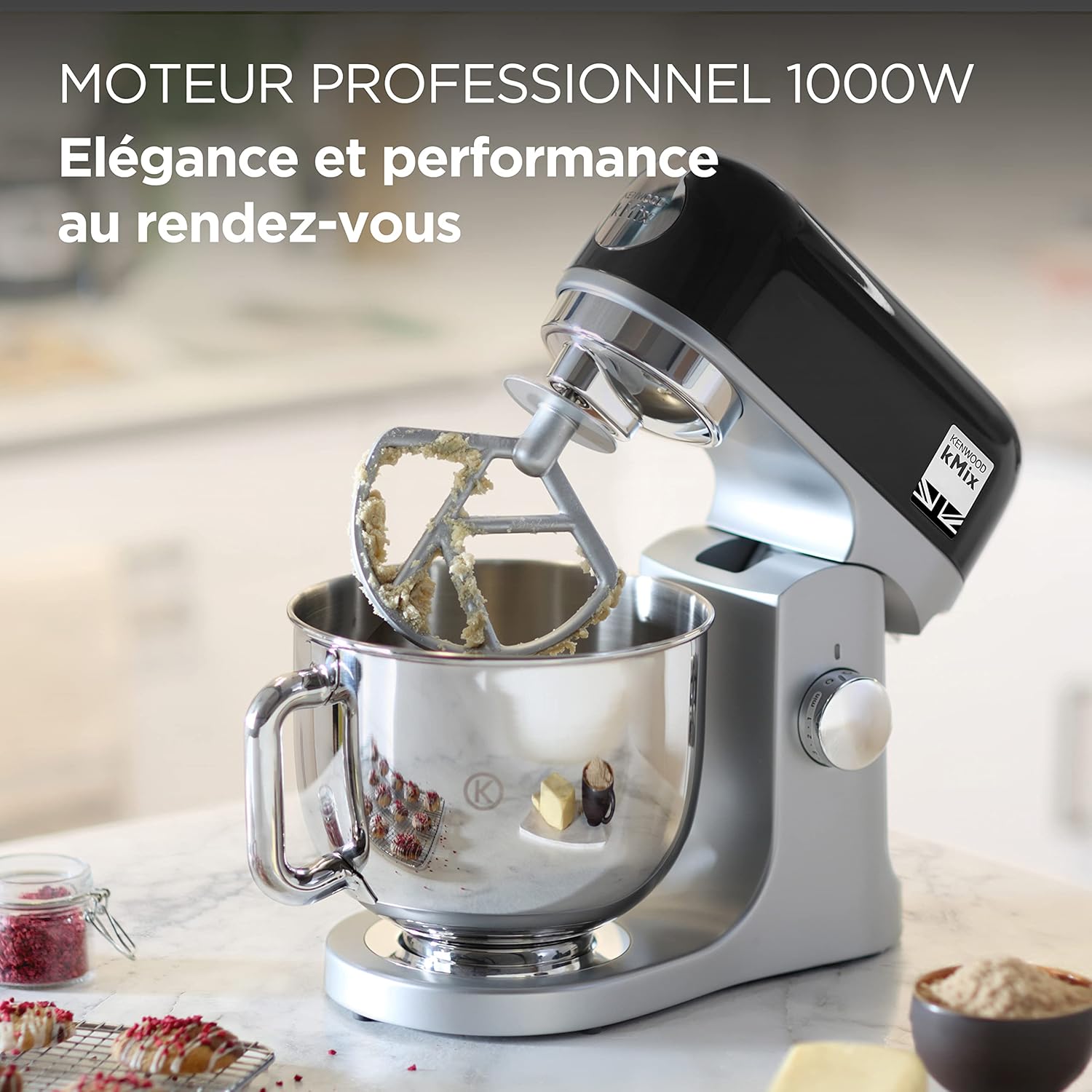 Robot pâtissier KMX750BK bol inox 5 L sécurité boîtier métal kit pâtisserie 3 pièces protection anti éclaboussures 1000W noir
