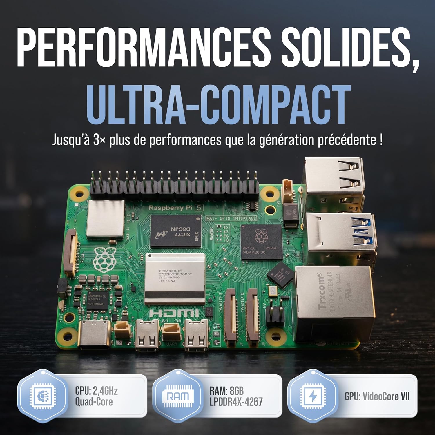 Kit Raspberry Pi 5 8 Go alimentation 27 W boîtier ventilateur HDMI 4K