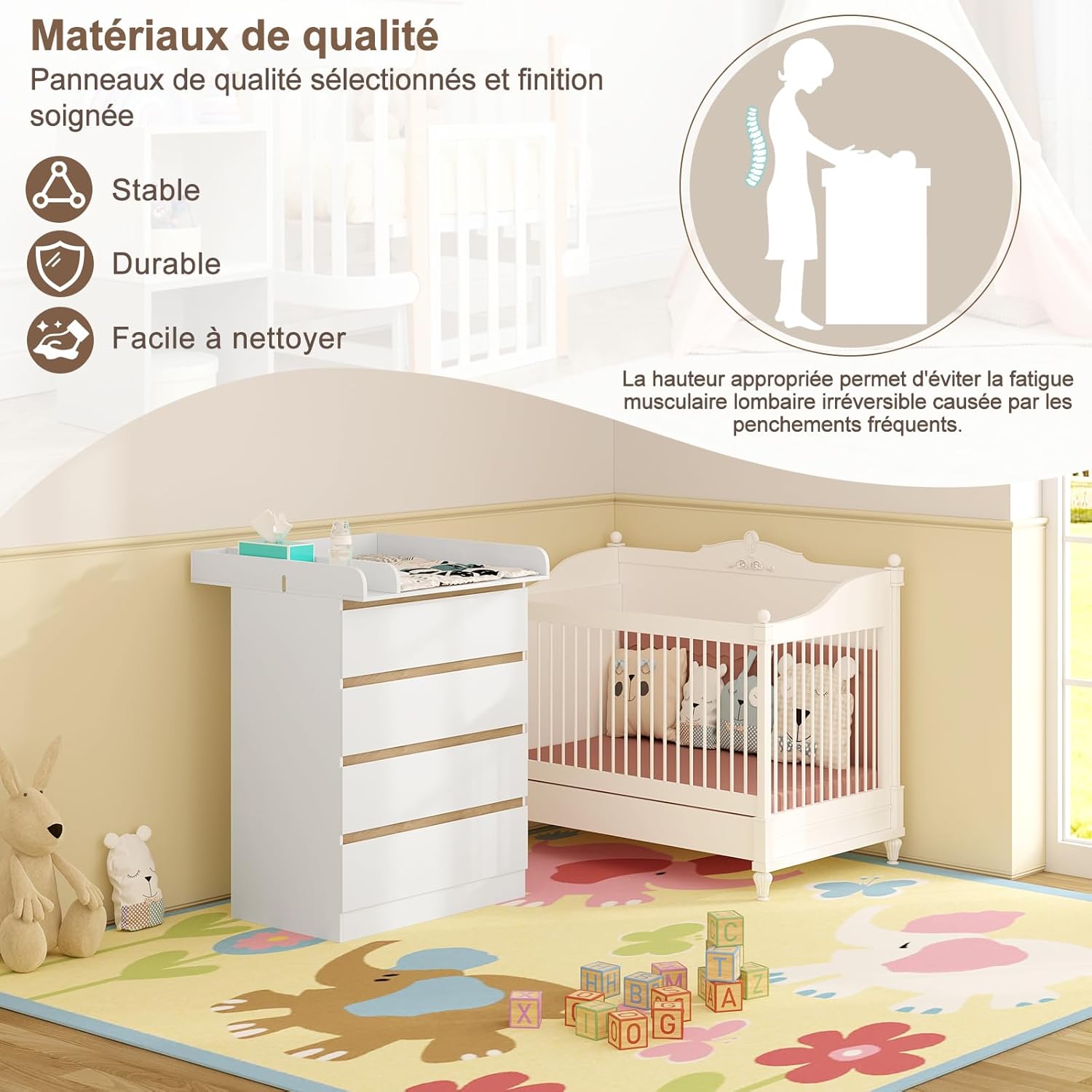 Table à langer avec commode 4 tiroirs bois blanc chêne clair