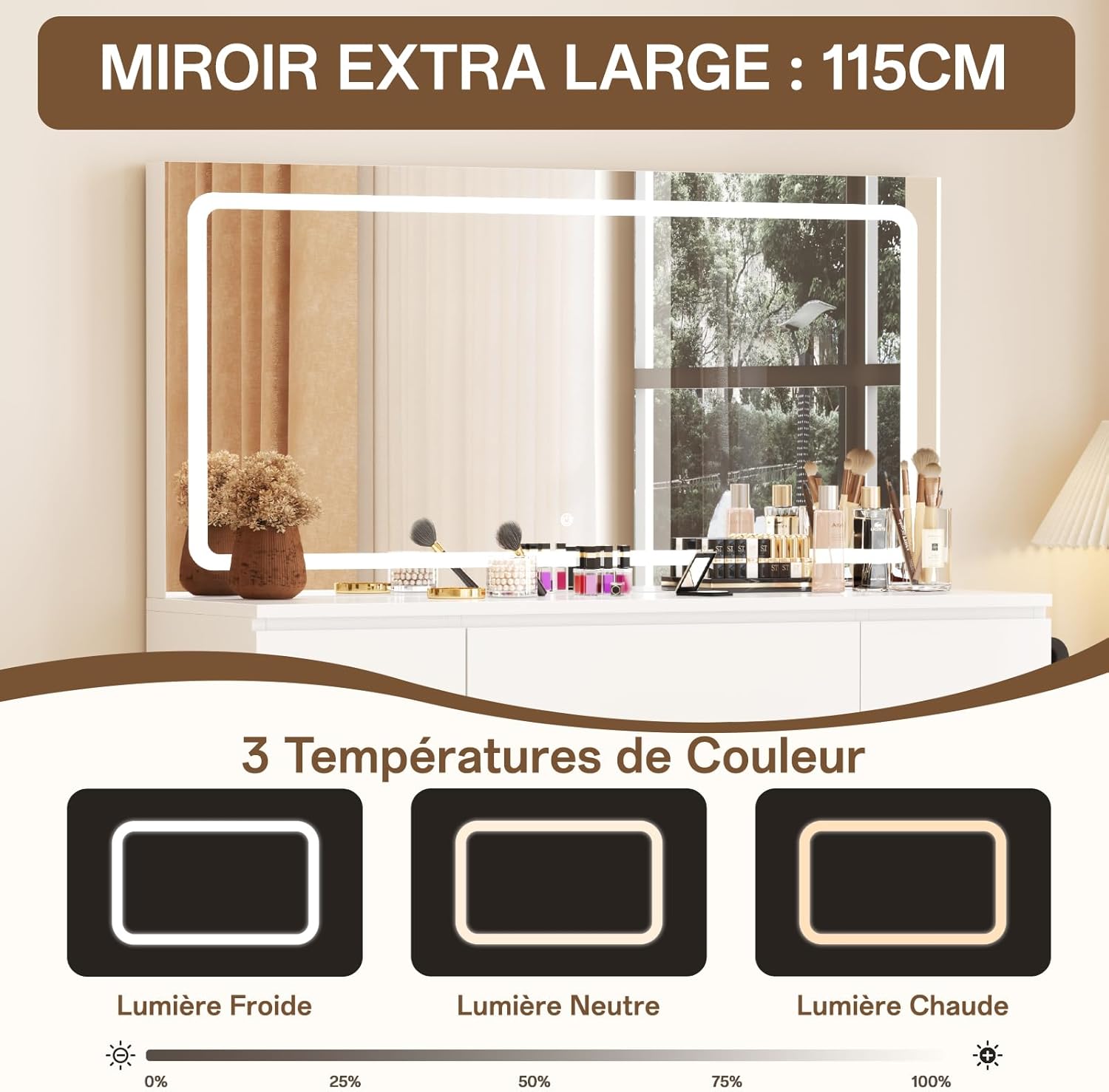 Coiffeuse miroir LED 115 x 60 cm tabouret inclus 7 tiroirs station recharge éclairage réglable blanc