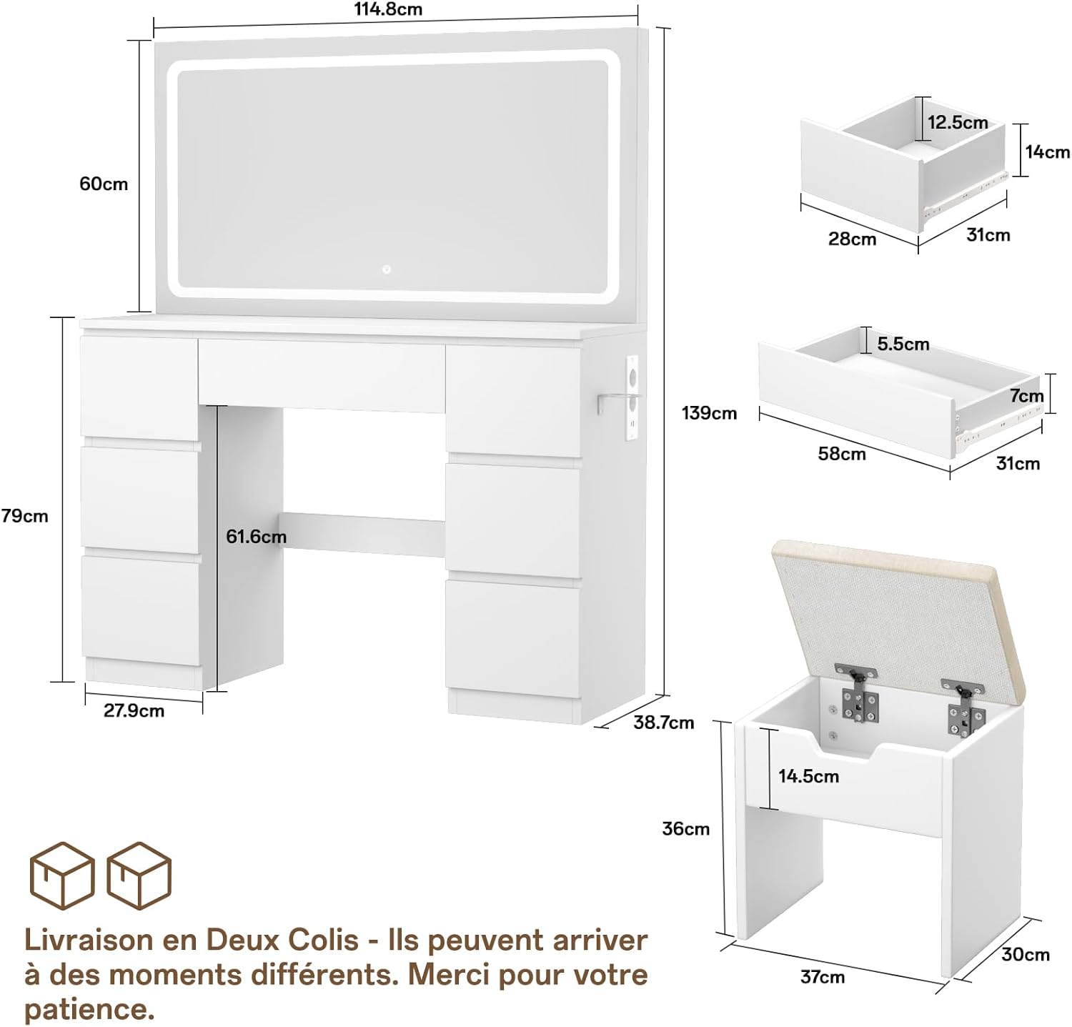 Coiffeuse miroir LED 115 x 60 cm tabouret inclus 7 tiroirs station recharge éclairage réglable blanc