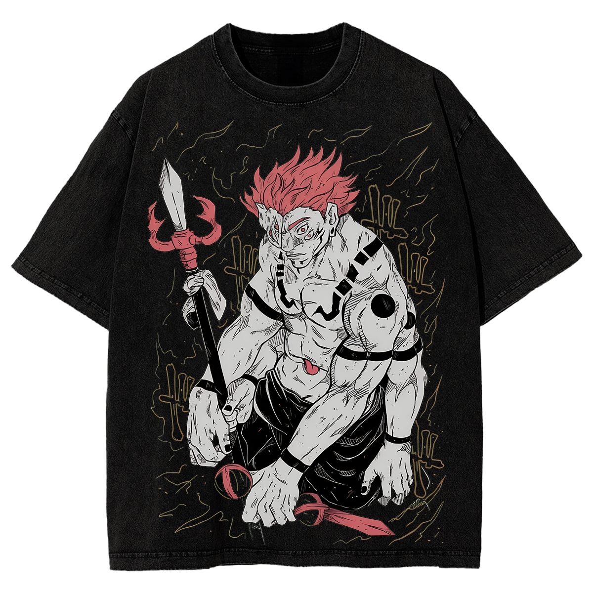 Distressed Anime Oversized Tee Ryomen Sukuna Jujutsu Kaisen Anime Washed T-Shirt