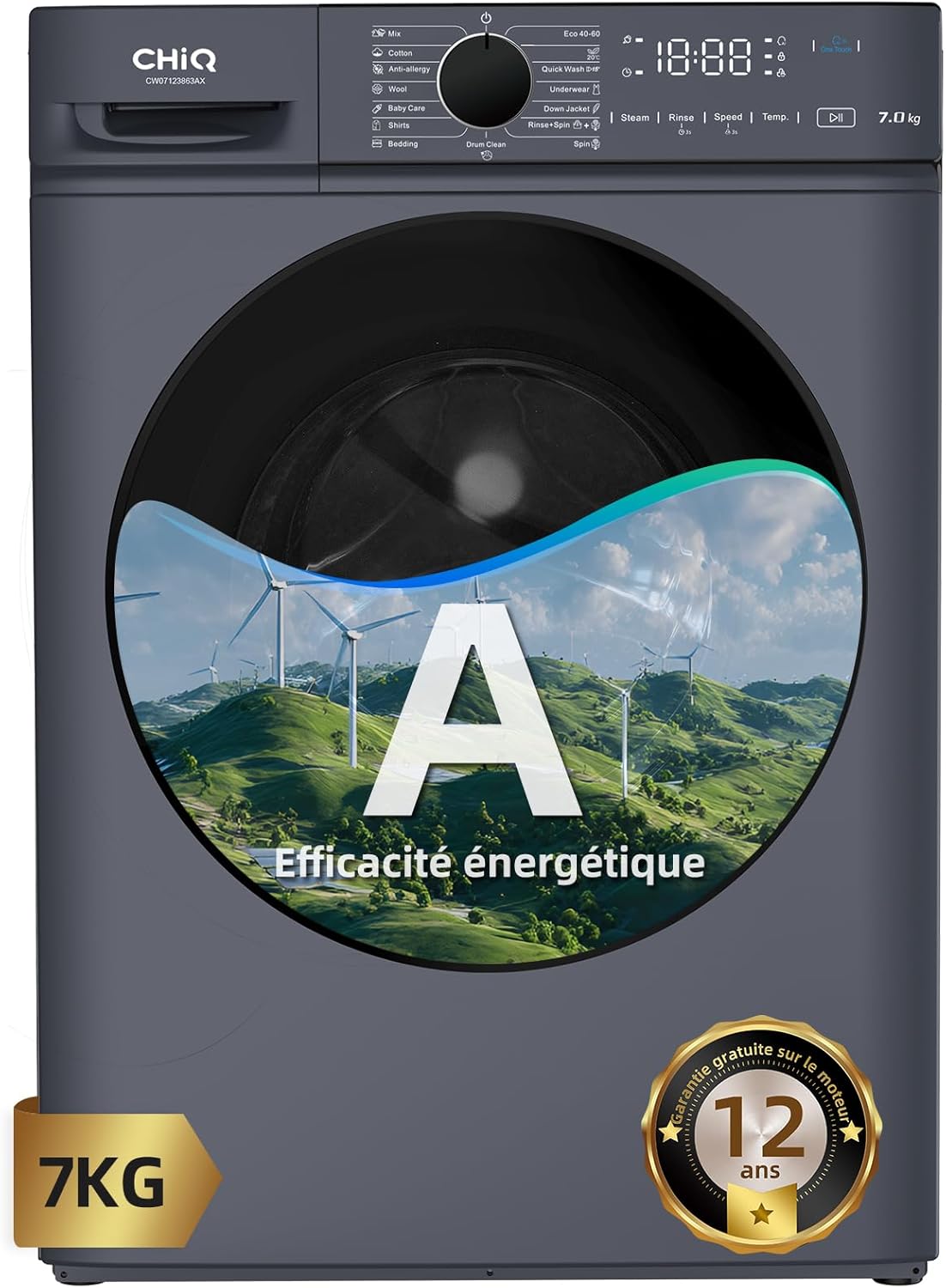 Lave linge hublot 7 kg classe A moteur 1200 rpm lavage vapeur rapide 15 programmes gris