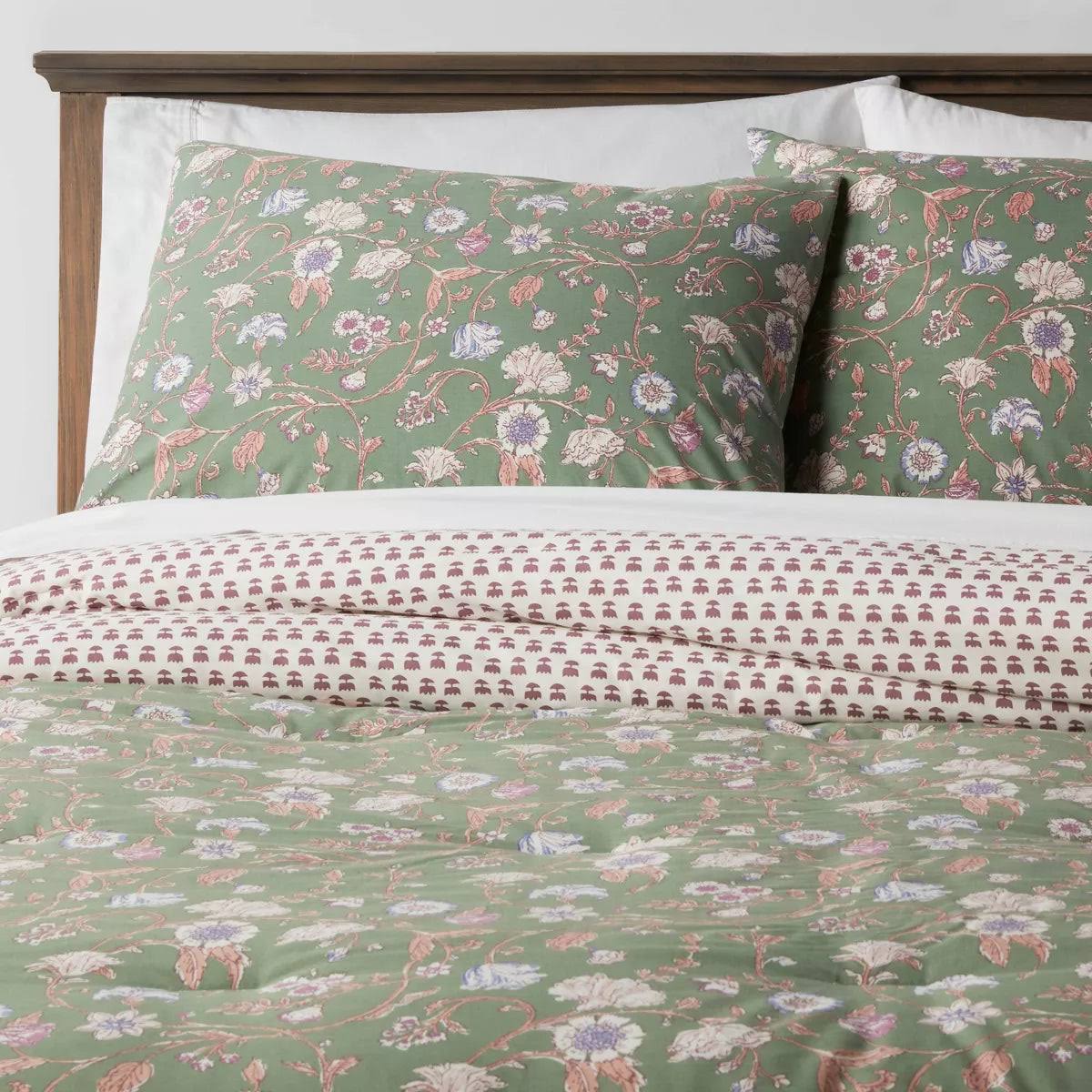 2pc Twin/Twin Extra Long Boho Reversible Printed Comforter & Sham Set Green Floral - Threshold