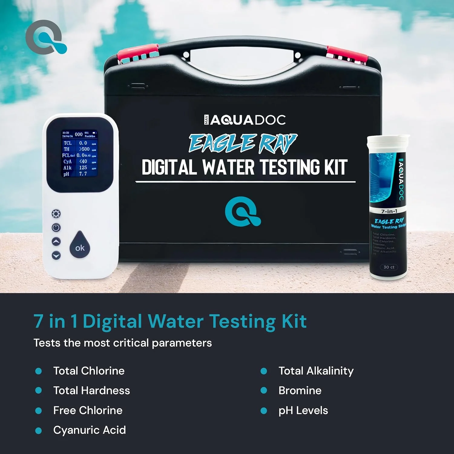 Digital Water Testing Kit - Digital Hot Tub Water Tester for Pool - Digital Chlorine Tester for Pool by Aquadoc with Water Analyzer and Test Strips