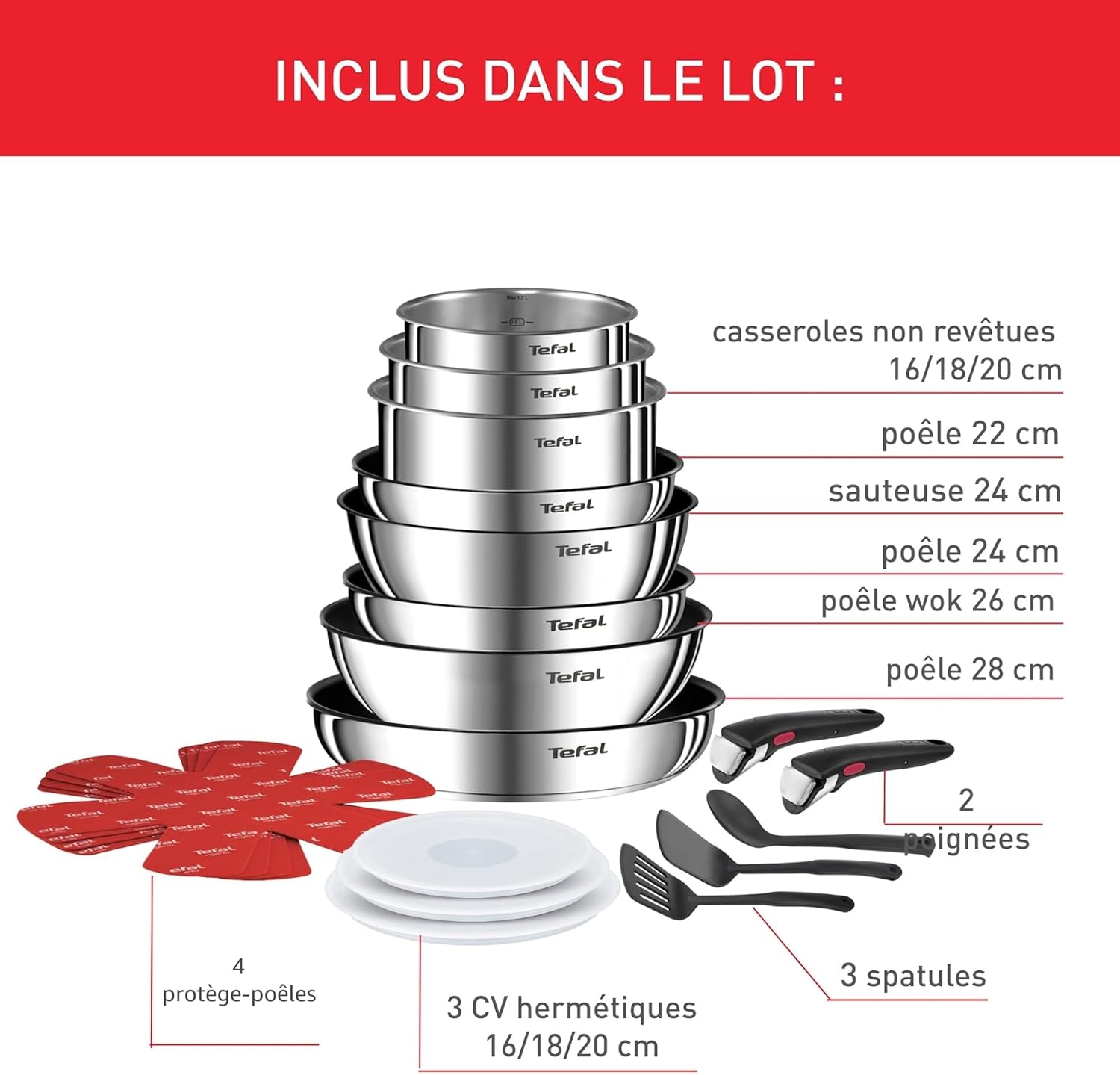 Batterie cuisine Ingenio 20 pièces poêles casseroles poignées amovibles induction antiadhésif empilable lavable