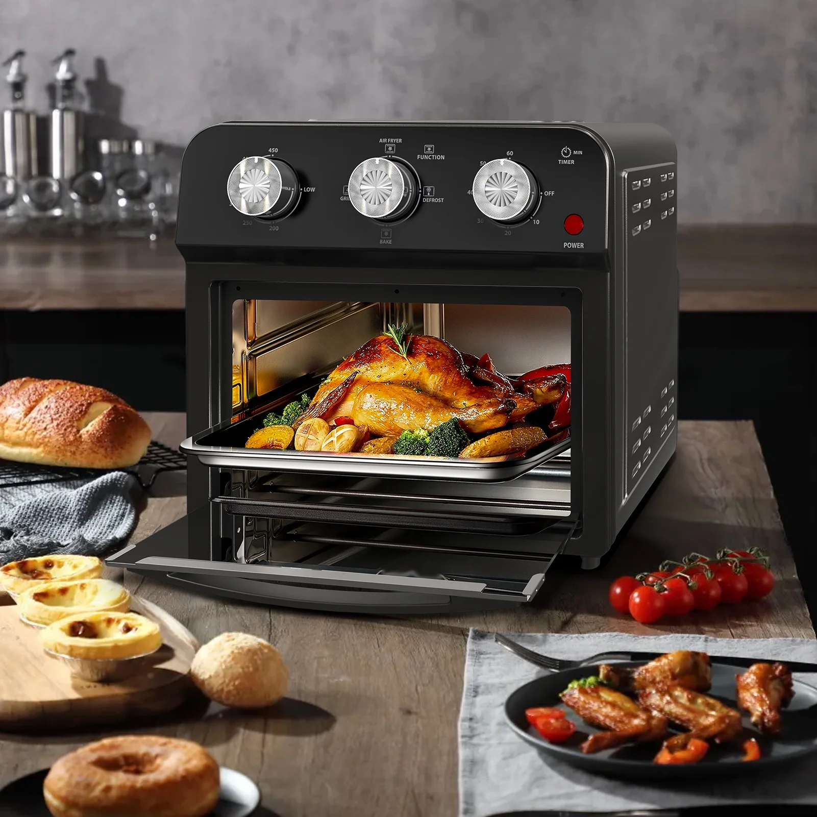 Plumchef 12 Quart 4 Slices Air Fryer Convection Toaster Oven, 1500W, 4 Cooking Modes, 7 in 1 Multifunction with Roast, Bake, Grill, Broil, Toast, Dehydrate, Defrost, Stainless Stee