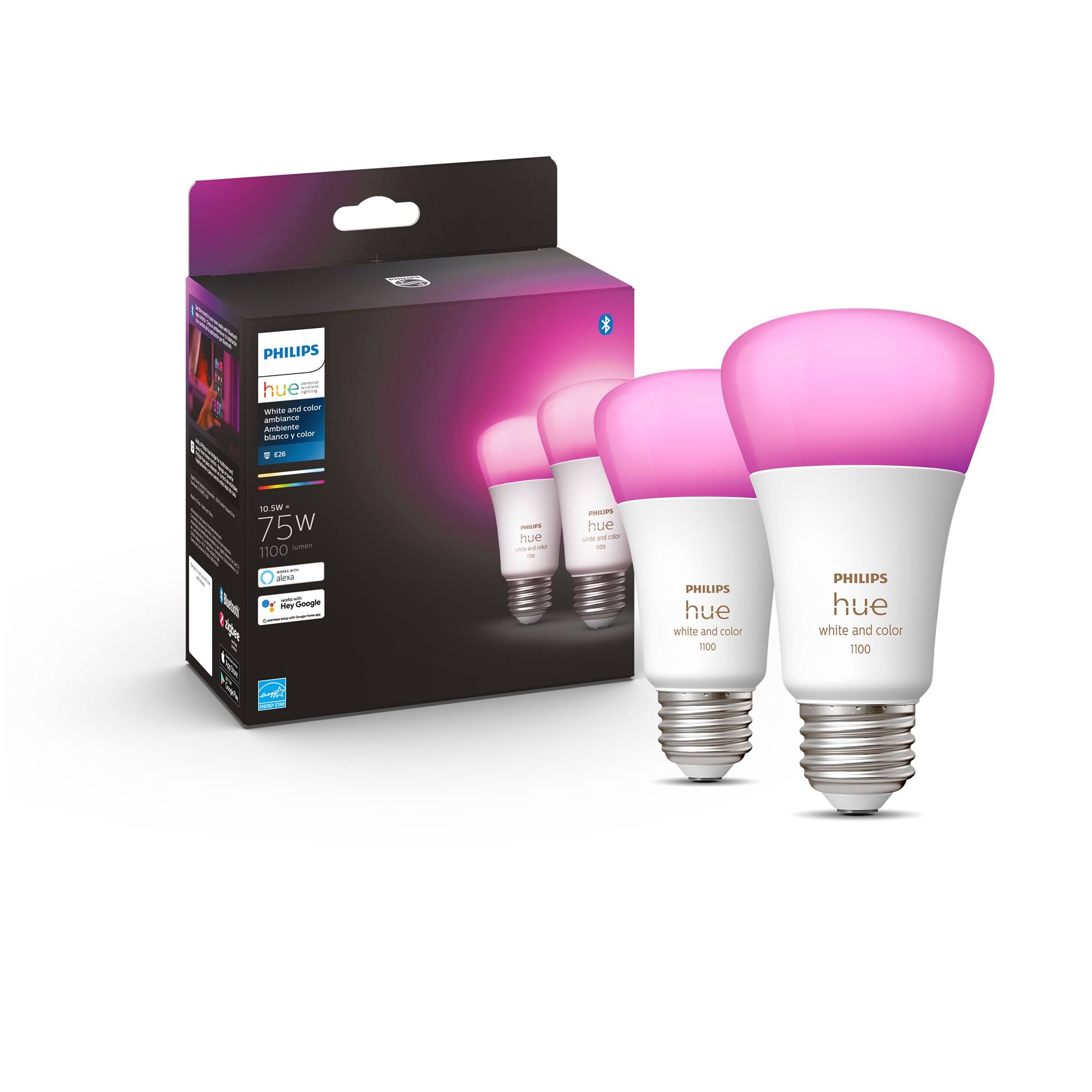 Philips Hue White and Color Ambiance A19 Bluetooth 75W Smart LED Bulb, 2-Pack