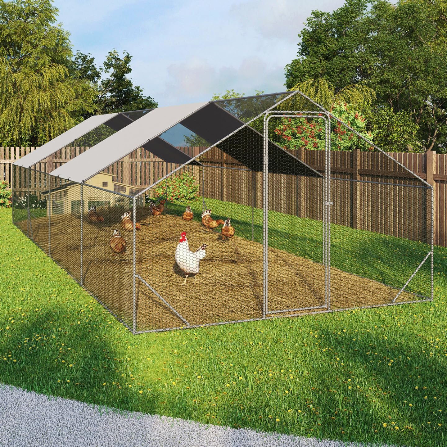 Enclos poulailler 24 m² parc grillagé 8 x 3 m acier galvanisé vert gris