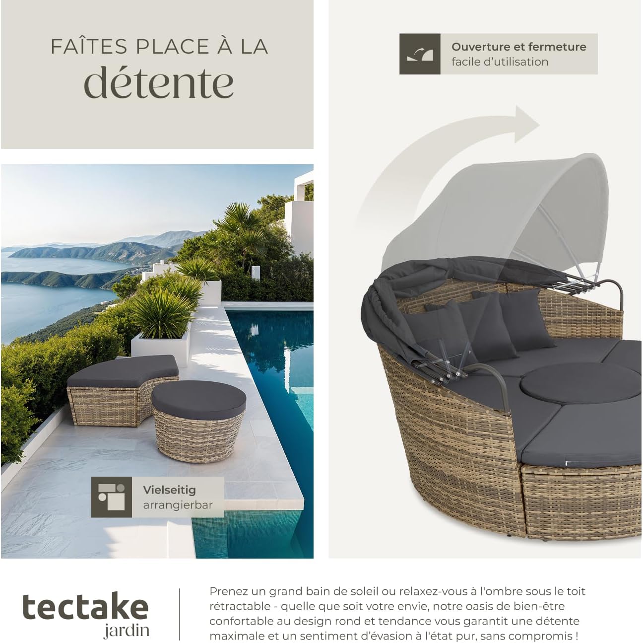Bain de soleil modulable résine tressée pare soleil pliable coussins inclus